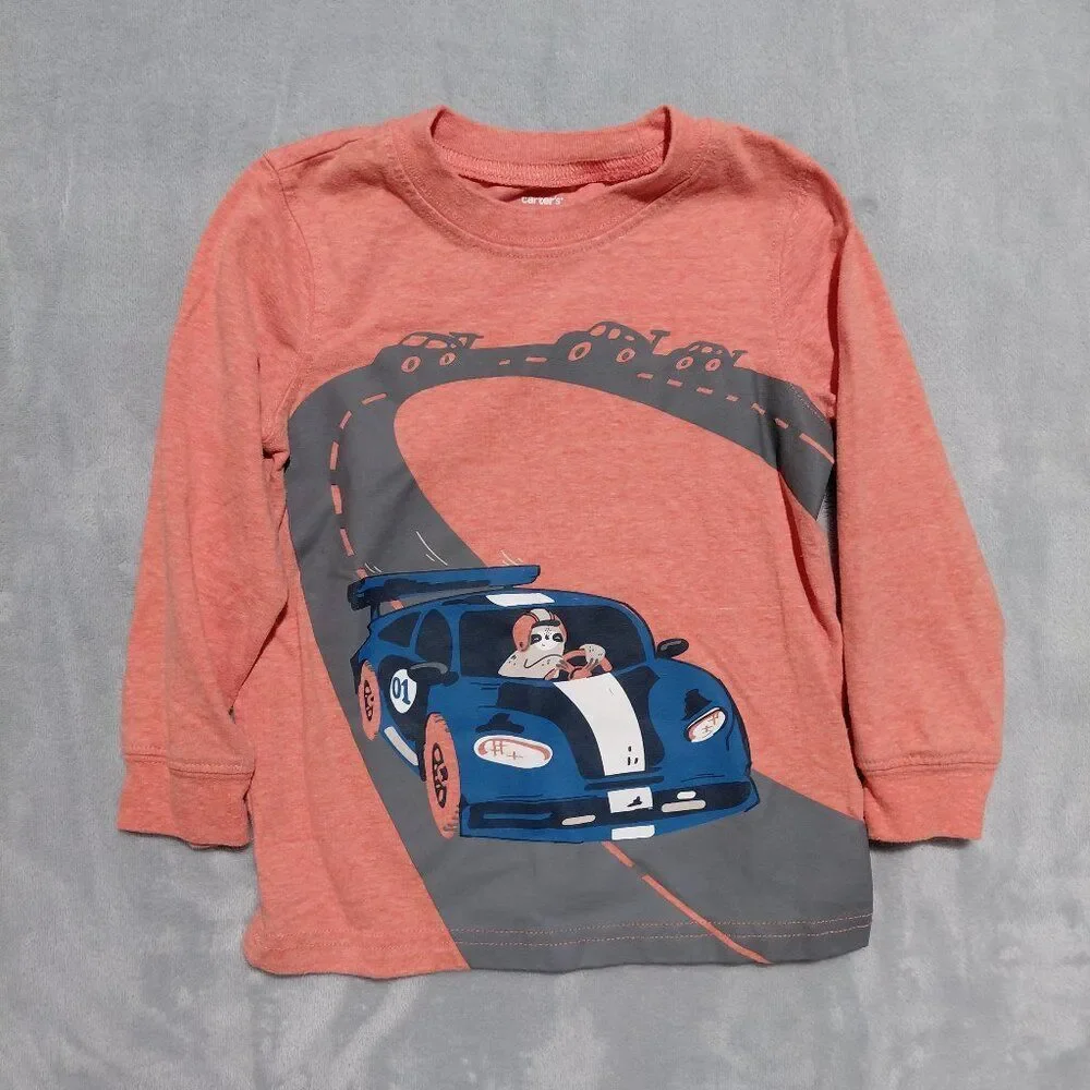 Carter's 2T Orange Long Sleeved Graphic Tee Sloth Racecar